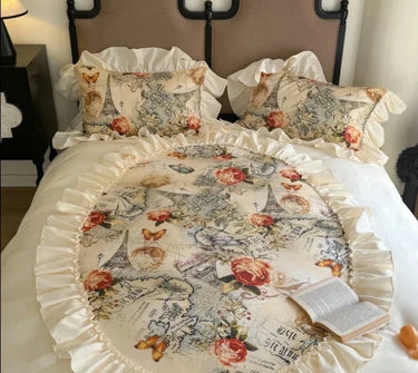 Retro Rose Korean Lace Ruffles Duvet Cover Set, Microfiber Fabric Bedding Set